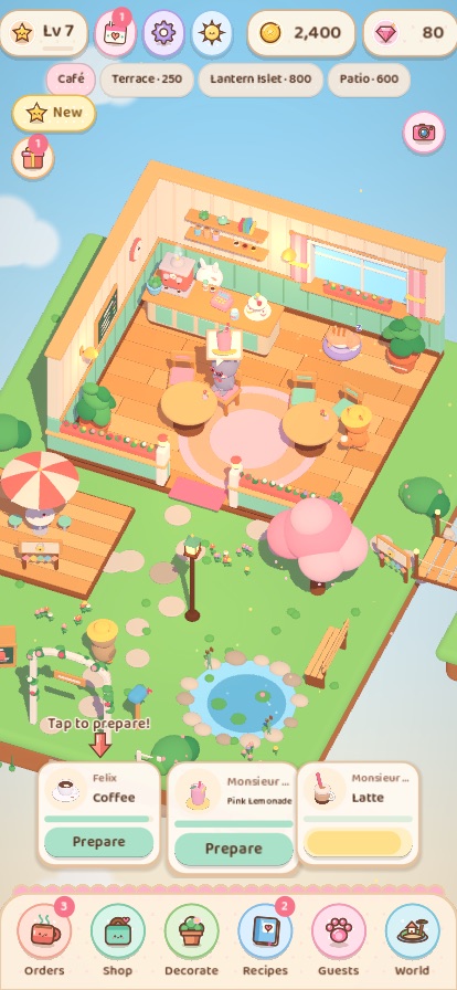 A cozy café on a floating island with animal guests